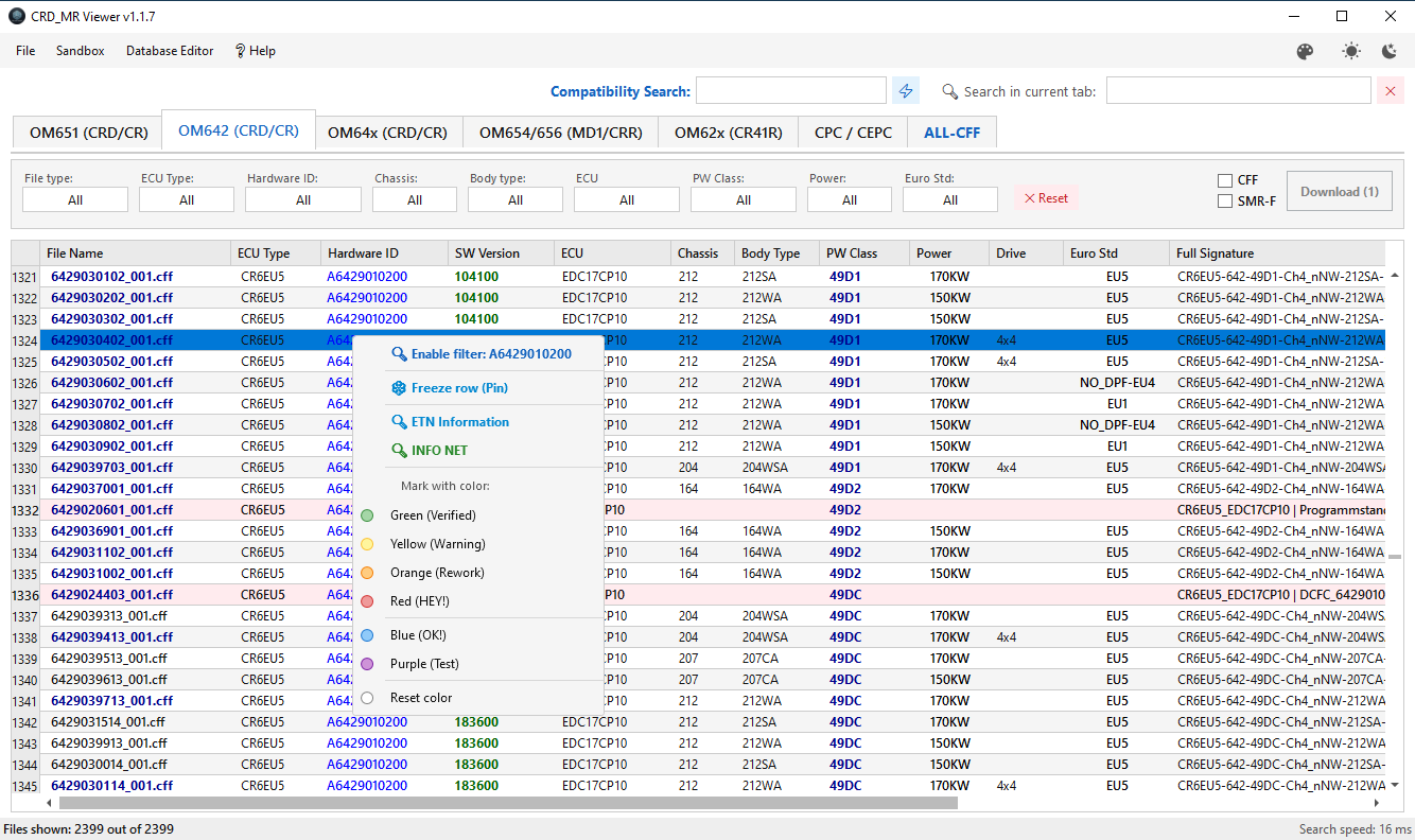 Color markup of the database